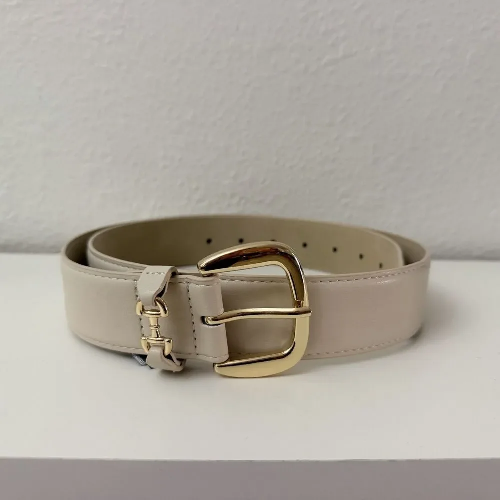 Vince Camuto Belt Women L Beige Faux Leather Gold Buckle Wide Waist Belt
